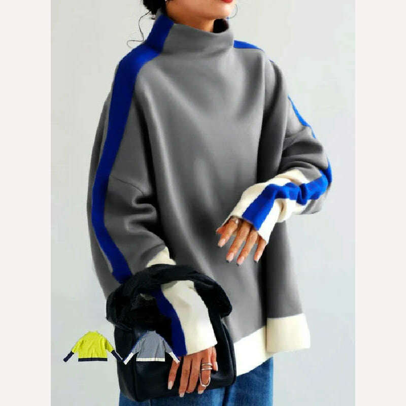 Yeezzi 2024 New Women Fashion Contrast Color High Neck Hoodless Sweatshirts Autumn Winter Long Sleeves Casual Pullovers Tops - KIMLUD