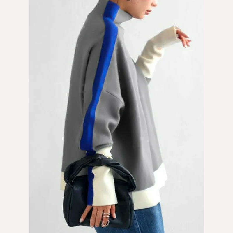 Yeezzi 2024 New Women Fashion Contrast Color High Neck Hoodless Sweatshirts Autumn Winter Long Sleeves Casual Pullovers Tops - KIMLUD