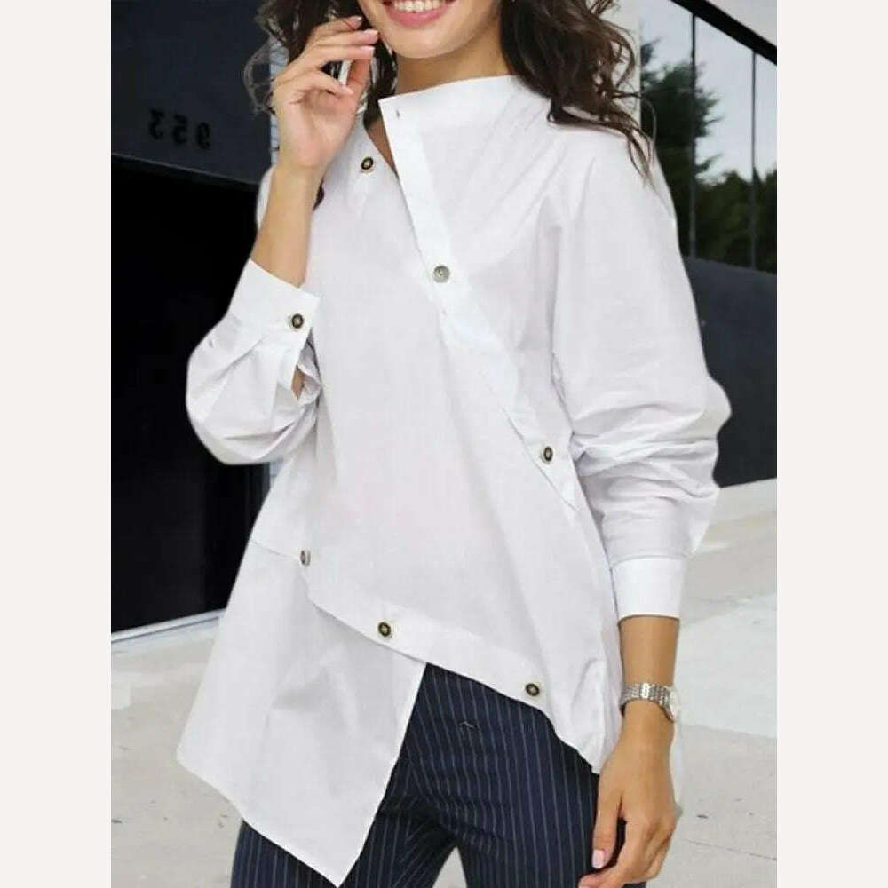 Yeezzi Women Korean Fashion Buttoned Asymmetric Split-Front Blouses 2023 Spring Autumn Long Sleeves Causal White Shirts Tops - KIMLUD