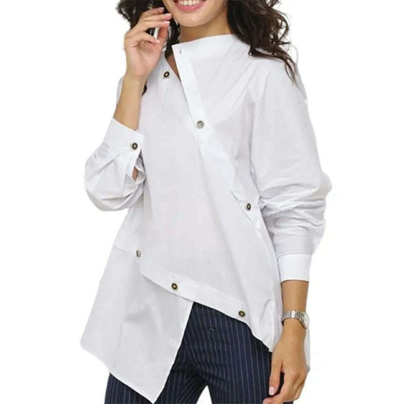 Yeezzi Women Korean Fashion Buttoned Asymmetric Split-Front Blouses 2023 Spring Autumn Long Sleeves Causal White Shirts Tops - KIMLUD