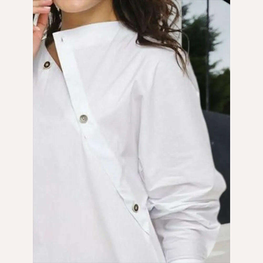Yeezzi Women Korean Fashion Buttoned Asymmetric Split-Front Blouses 2023 Spring Autumn Long Sleeves Causal White Shirts Tops - KIMLUD