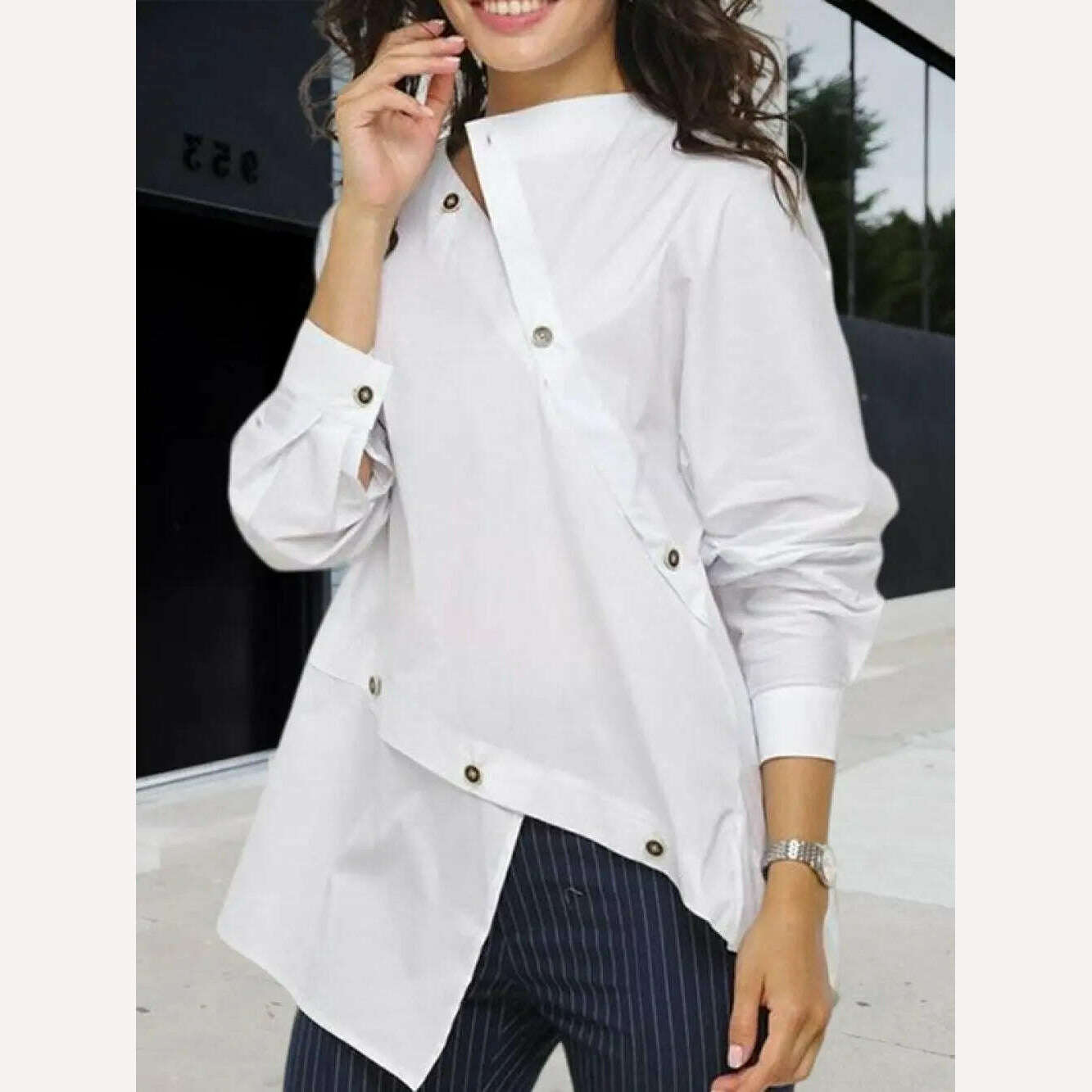 Yeezzi Women Korean Fashion Buttoned Asymmetric Split-Front Blouses 2023 Spring Autumn Long Sleeves Causal White Shirts Tops - KIMLUD