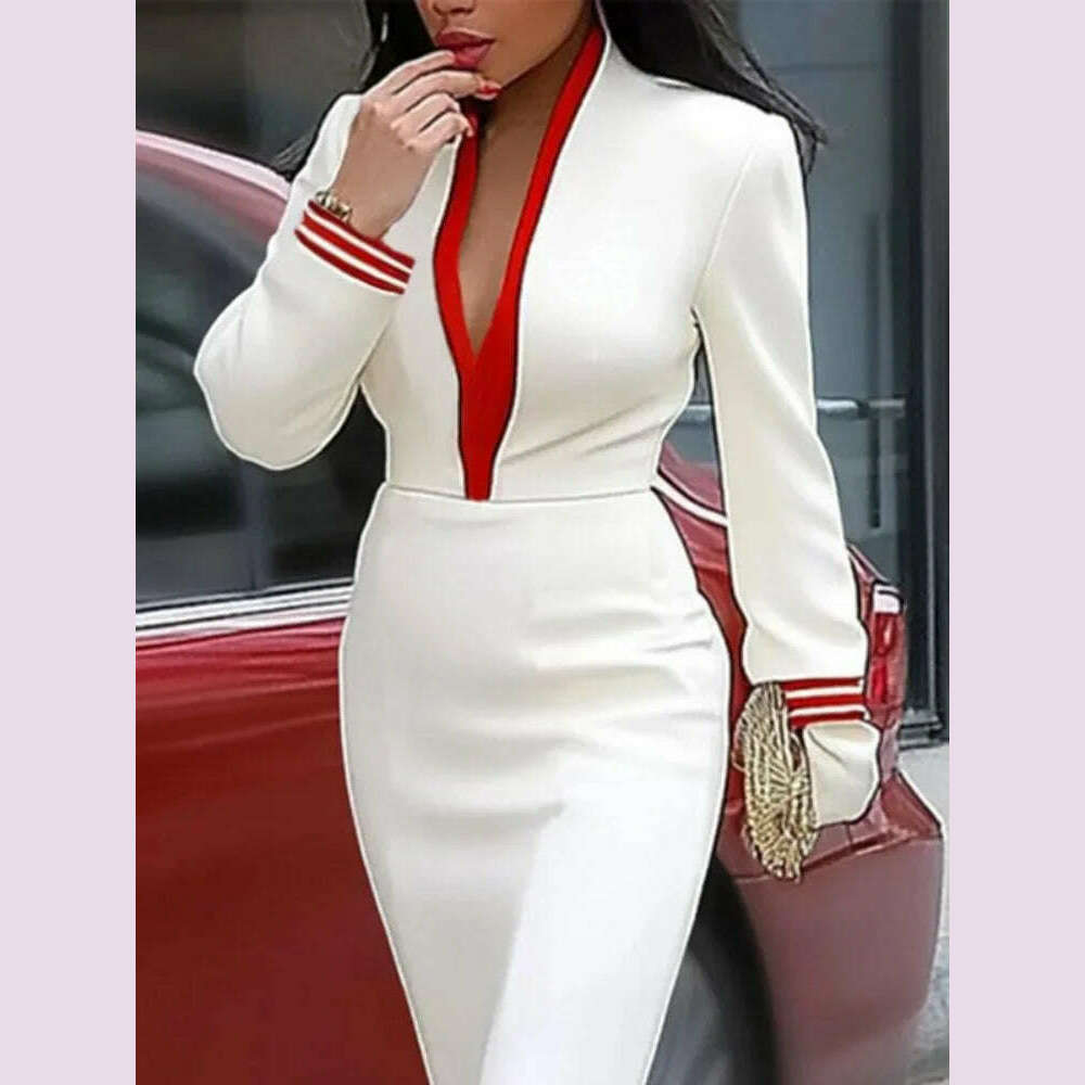 Yeezzi Women's Fashion Contrast Color Deep V-Neck Evening Maxi Dresses 2025 New Autumn Long Sleeves Sexy Prom Party A-line Dress - KIMLUD