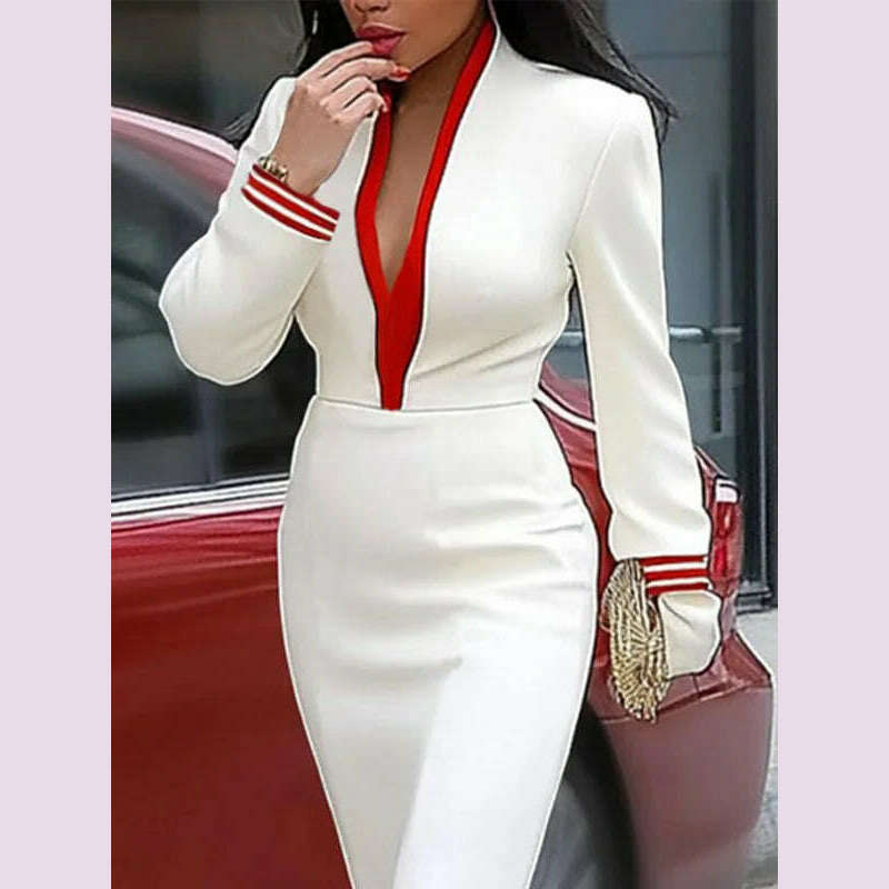 Yeezzi Women's Fashion Contrast Color Deep V-Neck Evening Maxi Dresses 2025 New Autumn Long Sleeves Sexy Prom Party A-line Dress - KIMLUD