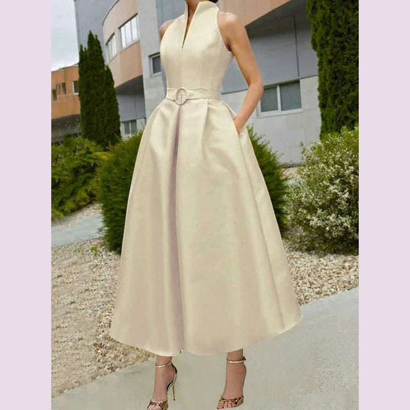 Yeezzi Women's Fashion Elegant Belted A-line Party Dress 2024 New Summer Sleeveless V-neck Urban Office Commute Midi Dresses - KIMLUD