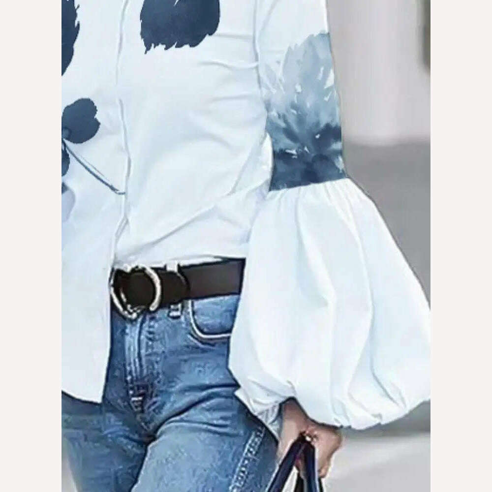 Yeezzi Women's Fashion Puff Sleeve Leaves Print High-Neck Blouses 2023 Spring Autumn Loose Buttoned Casual Shirts Tops For Women - KIMLUD