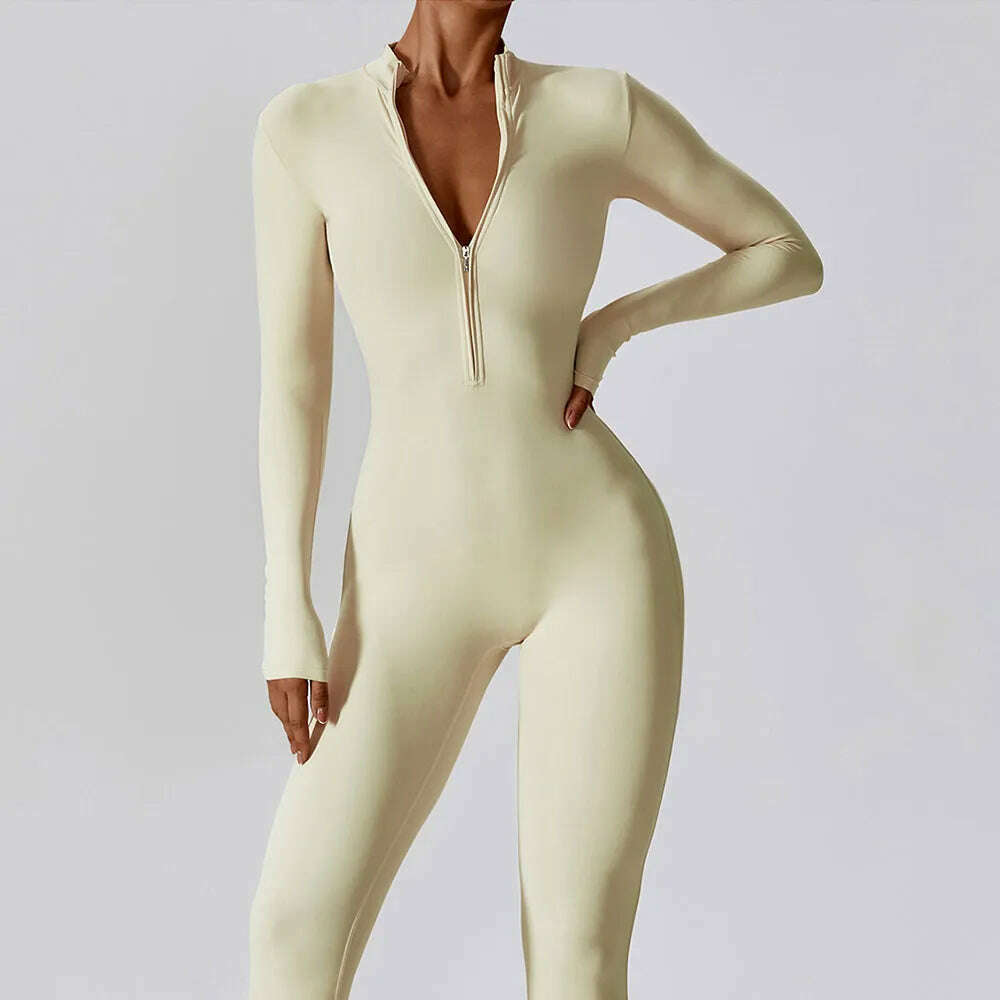 Yoga Boilersuit Long Sleeved Women's Sportswear Gym Zipper Jumpsuits Workout High-intensity Fitness One-piece Skin-tight Garment - KIMLUD