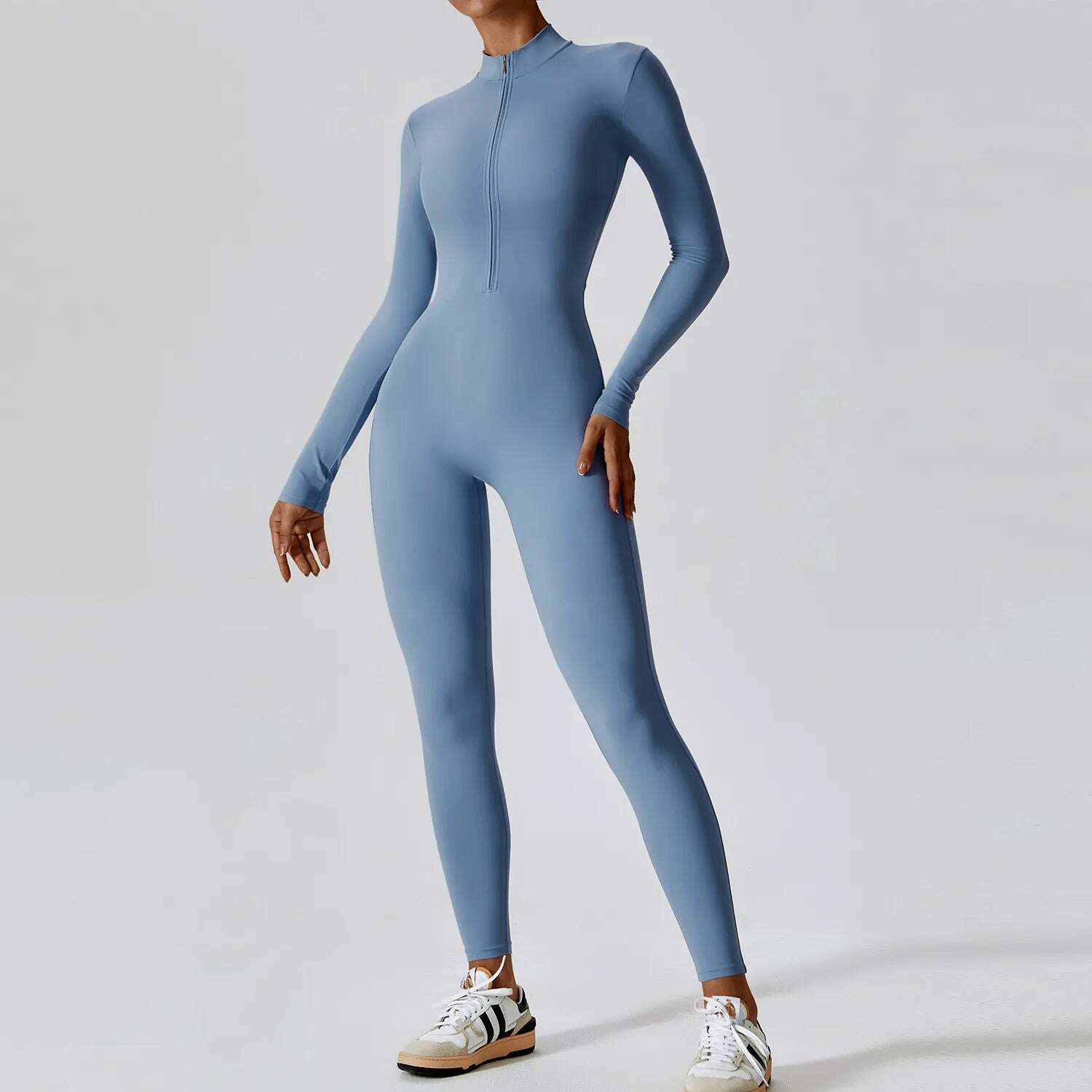 Yoga Boilersuit Long Sleeved Women's Sportswear Gym Zipper Jumpsuits Workout High-intensity Fitness One-piece Skin-tight Garment - KIMLUD
