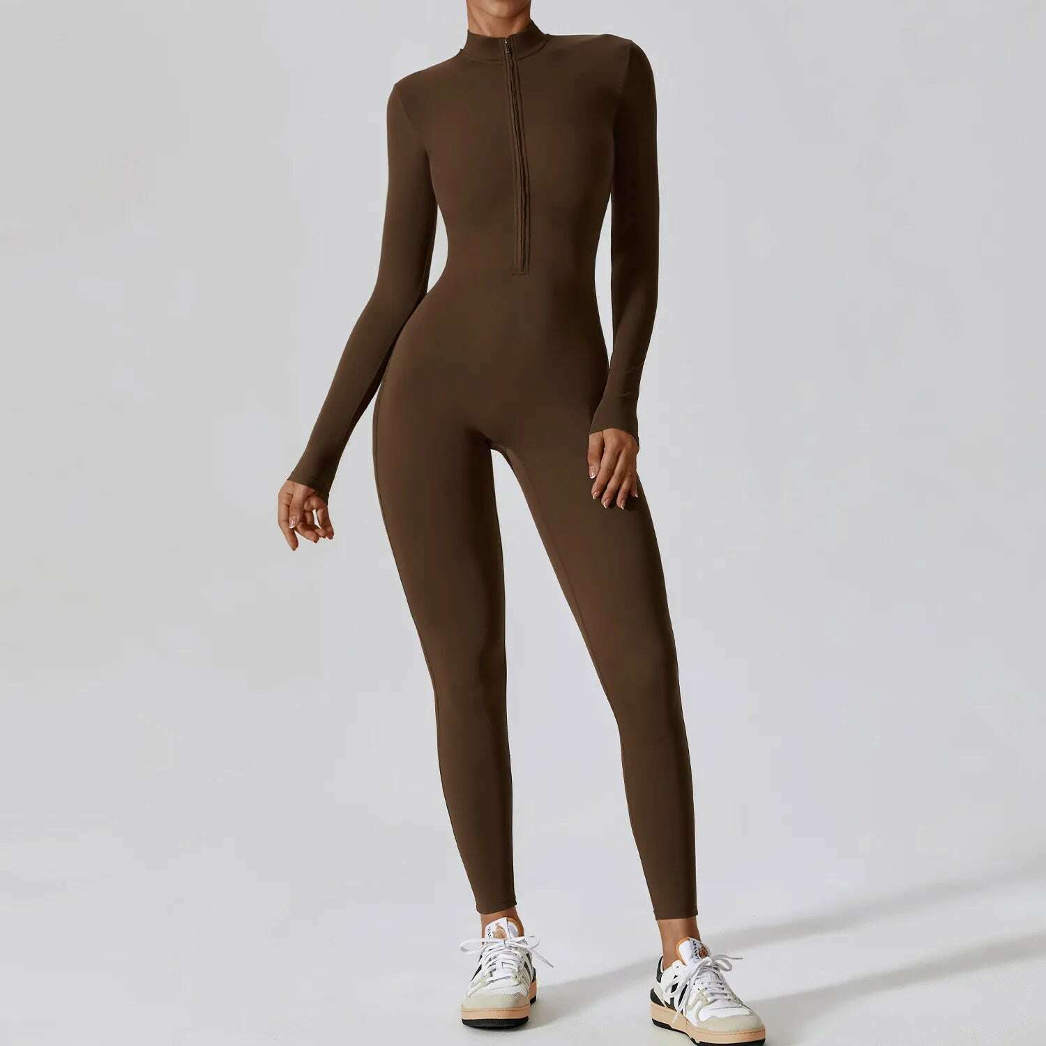Yoga Boilersuit Long Sleeved Women's Sportswear Gym Zipper Jumpsuits Workout High-intensity Fitness One-piece Skin-tight Garment - KIMLUD