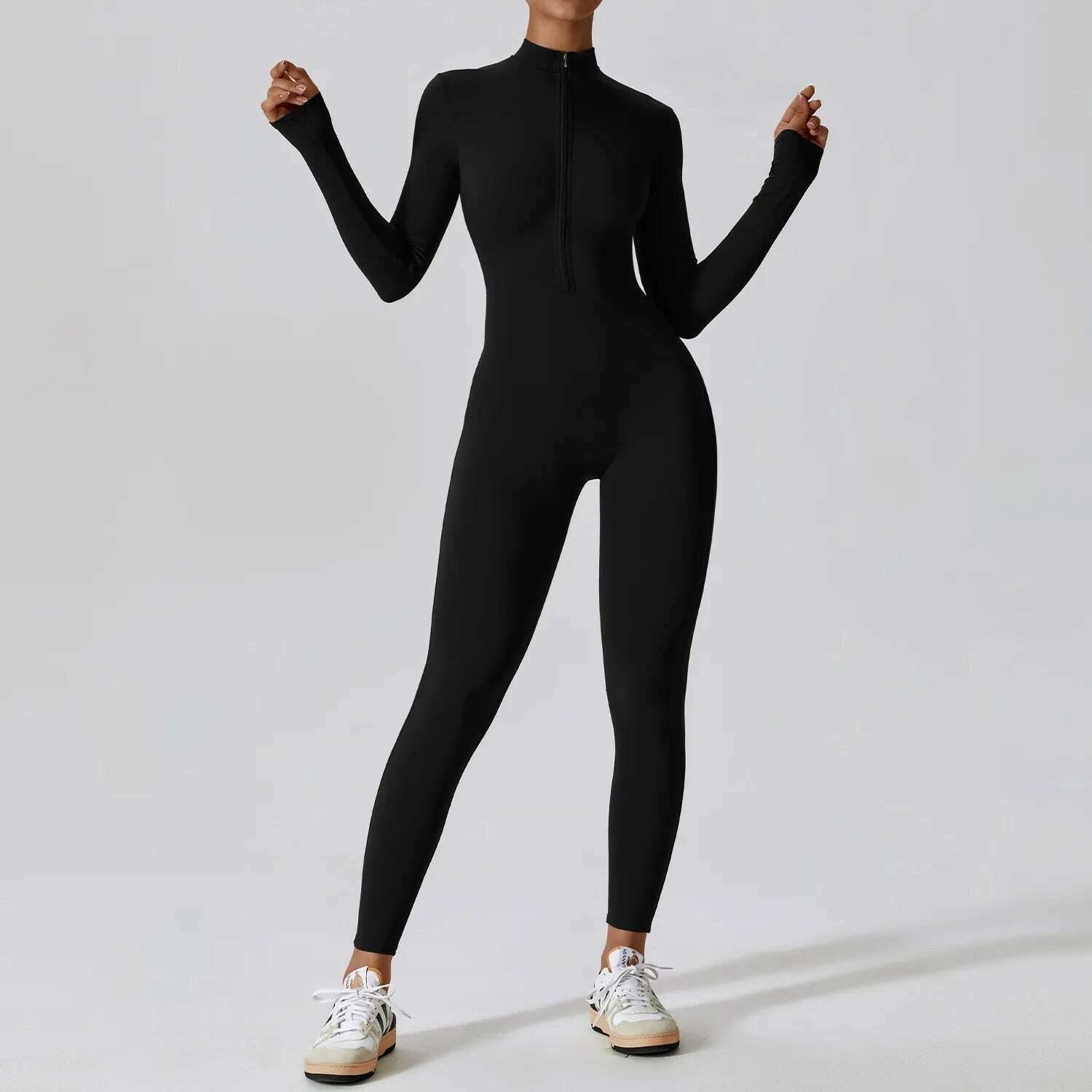 Yoga Boilersuit Long Sleeved Women's Sportswear Gym Zipper Jumpsuits Workout High-intensity Fitness One-piece Skin-tight Garment - KIMLUD