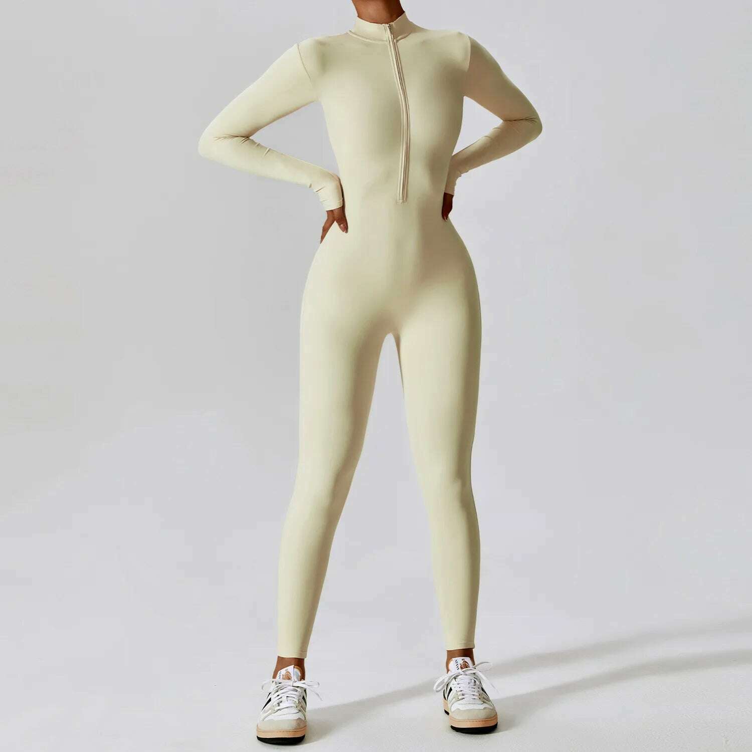 Yoga Boilersuit Long Sleeved Women's Sportswear Gym Zipper Jumpsuits Workout High-intensity Fitness One-piece Skin-tight Garment - KIMLUD