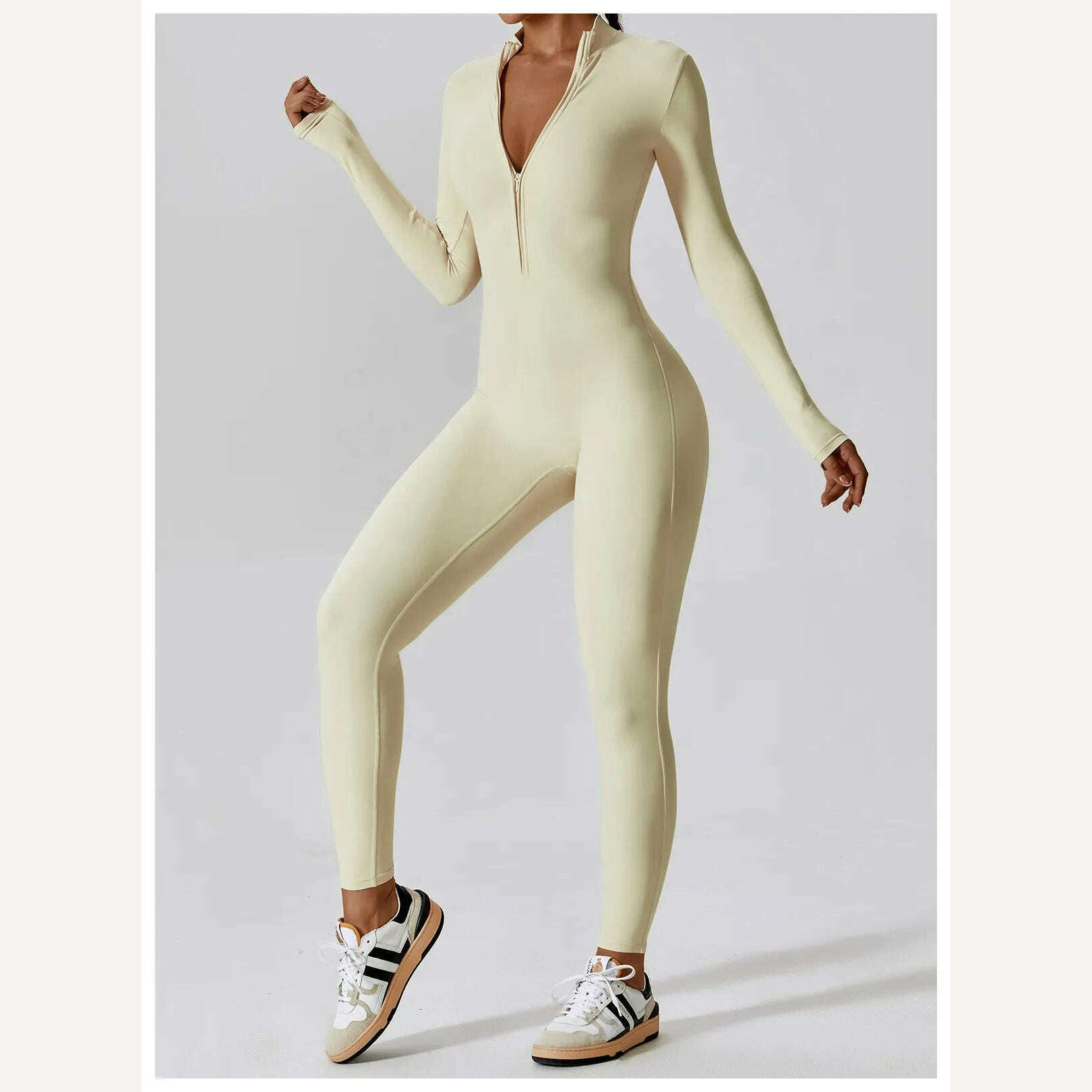 Yoga Boilersuit Long Sleeved Women's Sportswear Gym Zipper Jumpsuits Workout High-intensity Fitness One-piece Skin-tight Garment - KIMLUD