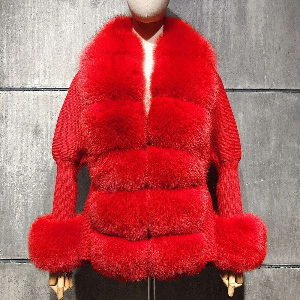 YOLOAgain Autumn Elegant Slim Black Sweater Real Fox Fur Cardigan Women Outerwear - KIMLUD