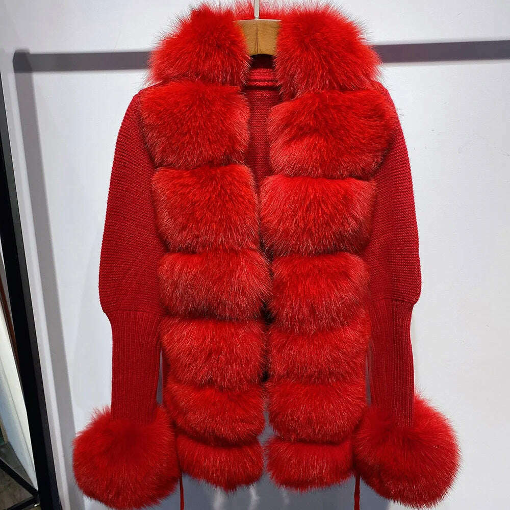 YOLOAgain Autumn Elegant Slim Black Sweater Real Fox Fur Cardigan Women Outerwear - KIMLUD