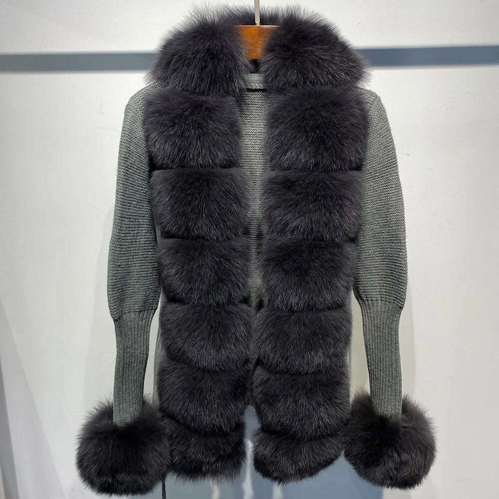 YOLOAgain Autumn Elegant Slim Black Sweater Real Fox Fur Cardigan Women Outerwear - KIMLUD