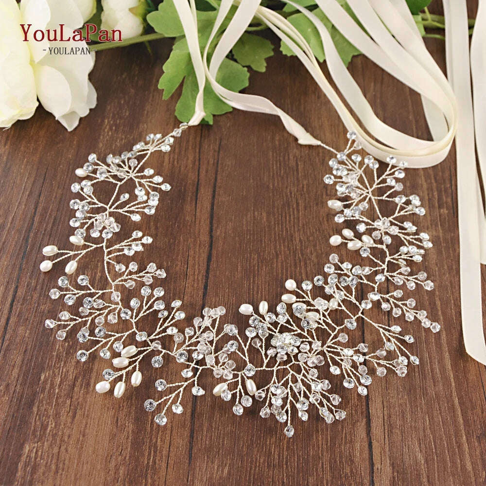 KIMLUD, YouLaPan SH10 Golden Wedding Belt Pearls Crystal Belt Handmade Rhinestone Belt for Wedding Accessories Golden Bridal Sash Belt, KIMLUD Womens Clothes