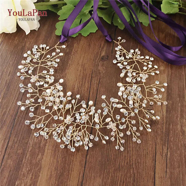 KIMLUD, YouLaPan SH10 Golden Wedding Belt Pearls Crystal Belt Handmade Rhinestone Belt for Wedding Accessories Golden Bridal Sash Belt, Purple ribbon / Sliver, KIMLUD APPAREL - Womens Clothes