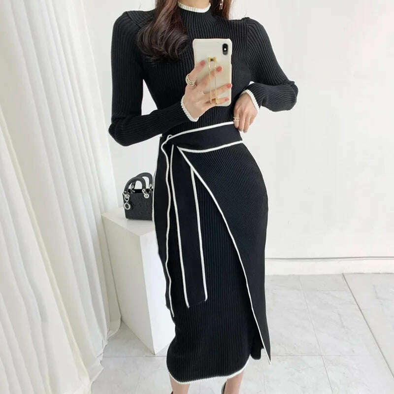 KIMLUD, YuooMuoo Elegant Lace Up Turtleneck Knitted Long Dress Korean Fashion Khaki Black Rib Bandage Bodycon Sweater Dress Robe Femme, KIMLUD Womens Clothes