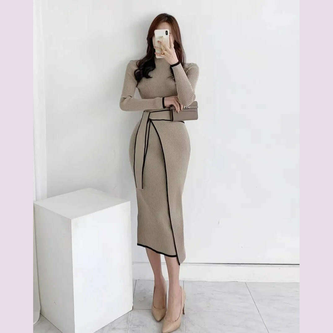 KIMLUD, YuooMuoo Elegant Lace Up Turtleneck Knitted Long Dress Korean Fashion Khaki Black Rib Bandage Bodycon Sweater Dress Robe Femme, KIMLUD Womens Clothes