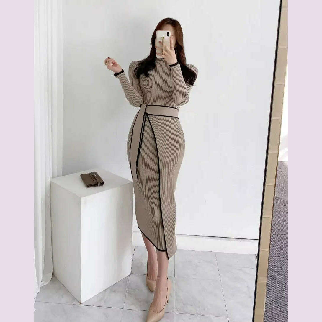 KIMLUD, YuooMuoo Elegant Lace Up Turtleneck Knitted Long Dress Korean Fashion Khaki Black Rib Bandage Bodycon Sweater Dress Robe Femme, KIMLUD Womens Clothes