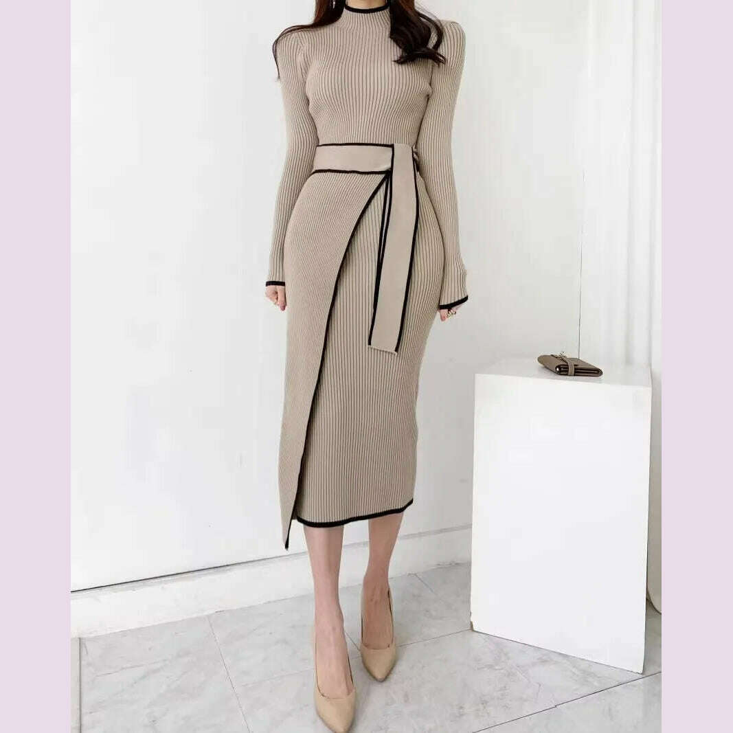 KIMLUD, YuooMuoo Elegant Lace Up Turtleneck Knitted Long Dress Korean Fashion Khaki Black Rib Bandage Bodycon Sweater Dress Robe Femme, KIMLUD Womens Clothes