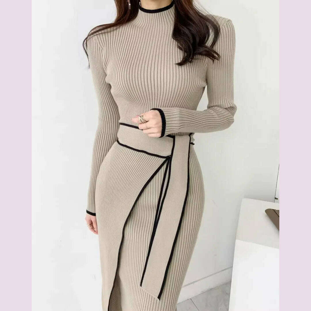 KIMLUD, YuooMuoo Elegant Lace Up Turtleneck Knitted Long Dress Korean Fashion Khaki Black Rib Bandage Bodycon Sweater Dress Robe Femme, KIMLUD Womens Clothes