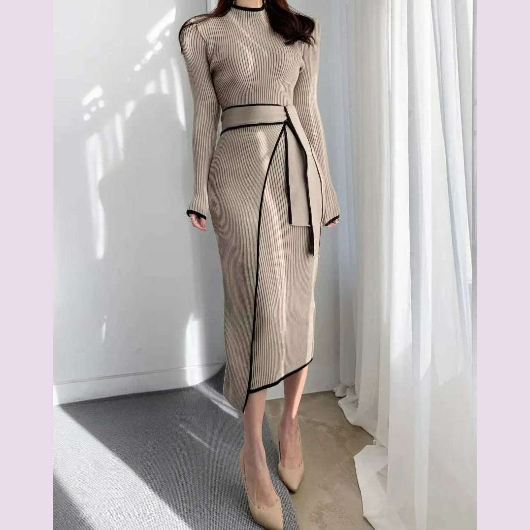 KIMLUD, YuooMuoo Elegant Lace Up Turtleneck Knitted Long Dress Korean Fashion Khaki Black Rib Bandage Bodycon Sweater Dress Robe Femme, KIMLUD Womens Clothes