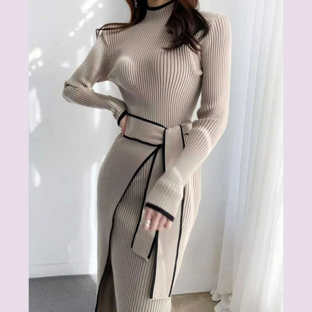 KIMLUD, YuooMuoo Elegant Lace Up Turtleneck Knitted Long Dress Korean Fashion Khaki Black Rib Bandage Bodycon Sweater Dress Robe Femme, KIMLUD Womens Clothes