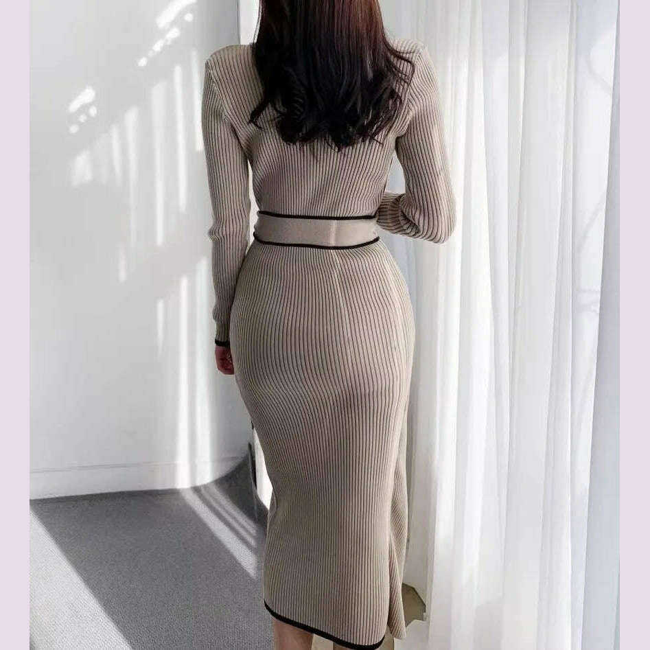 KIMLUD, YuooMuoo Elegant Lace Up Turtleneck Knitted Long Dress Korean Fashion Khaki Black Rib Bandage Bodycon Sweater Dress Robe Femme, KIMLUD Womens Clothes