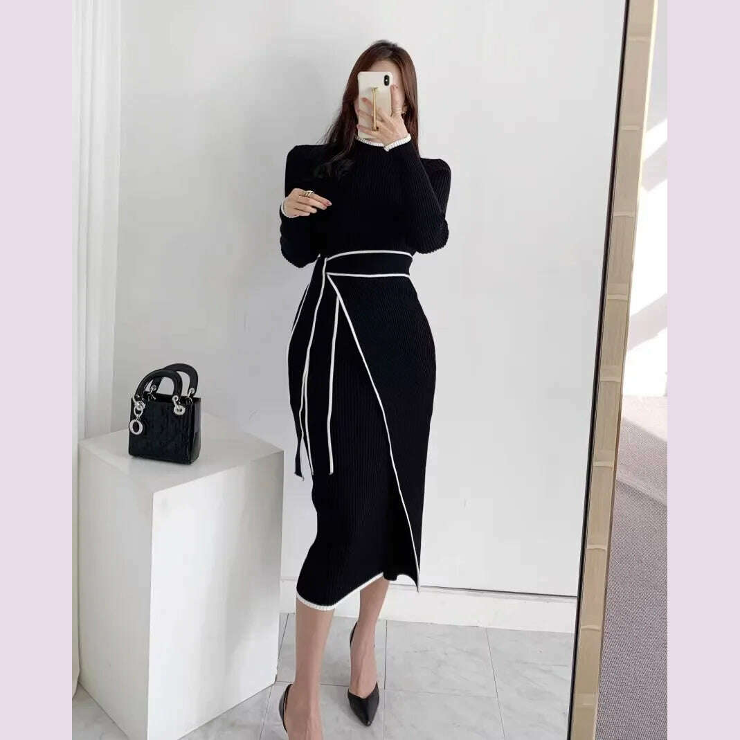 KIMLUD, YuooMuoo Elegant Lace Up Turtleneck Knitted Long Dress Korean Fashion Khaki Black Rib Bandage Bodycon Sweater Dress Robe Femme, KIMLUD Womens Clothes