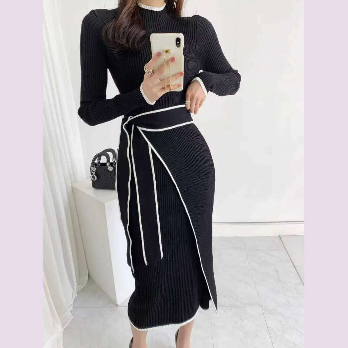 KIMLUD, YuooMuoo Elegant Lace Up Turtleneck Knitted Long Dress Korean Fashion Khaki Black Rib Bandage Bodycon Sweater Dress Robe Femme, KIMLUD Womens Clothes