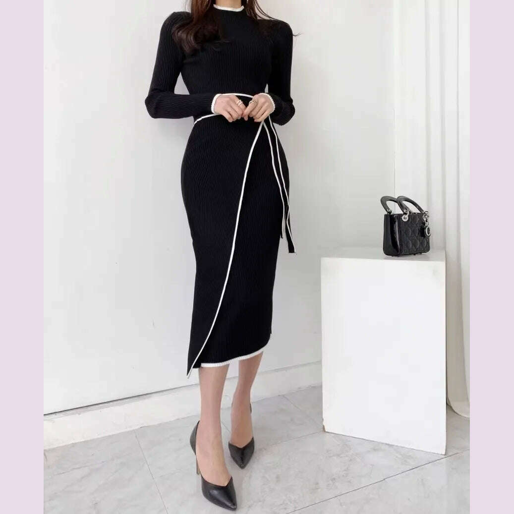 KIMLUD, YuooMuoo Elegant Lace Up Turtleneck Knitted Long Dress Korean Fashion Khaki Black Rib Bandage Bodycon Sweater Dress Robe Femme, KIMLUD Womens Clothes