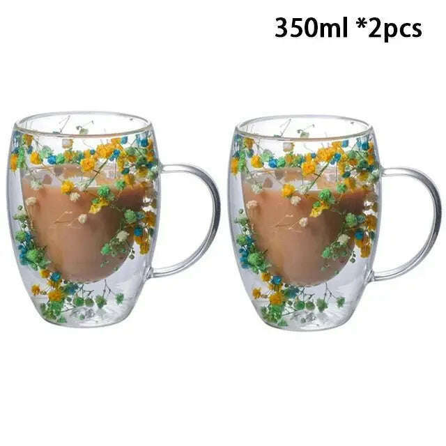 KIMLUD, YWDL 1/2pcs Double Wall Glass Cup With Handle Heat Resistant Tea Coffee Cups Espresso Milk Mug Gift, KIMLUD Womens Clothes