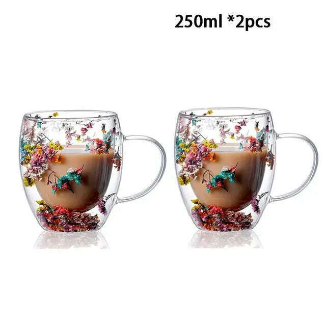KIMLUD, YWDL 1/2pcs Double Wall Glass Cup With Handle Heat Resistant Tea Coffee Cups Espresso Milk Mug Gift, 2pcs 250ml A / 250-350ml, KIMLUD APPAREL - Womens Clothes