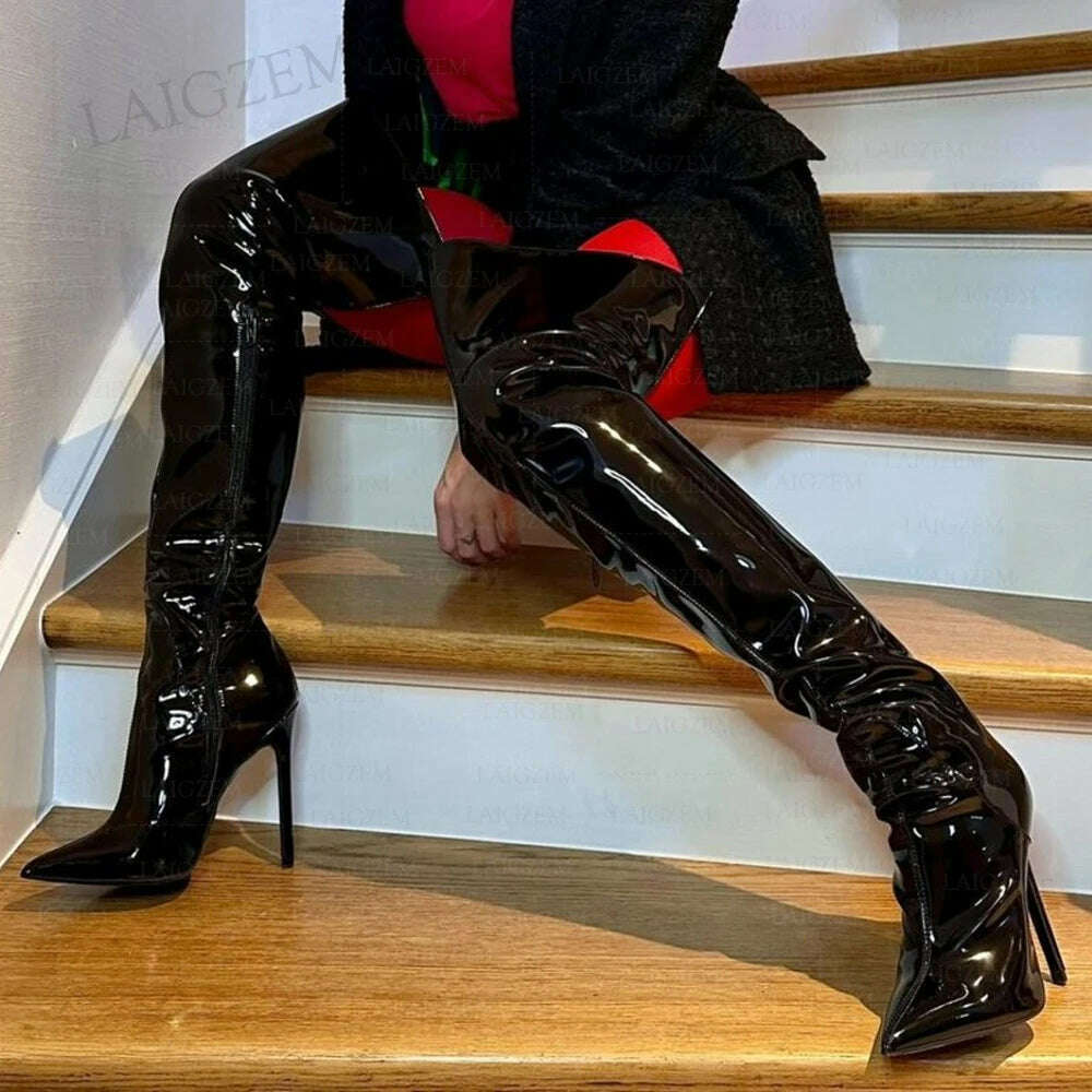 KIMLUD, ZHIMA Women Thigh High Boots Shiny Side Zip Pointed Toe Thin High Heels Boots Over Knee Ladies Shoes Woman Big Size 41 43 45 47, KIMLUD Womens Clothes