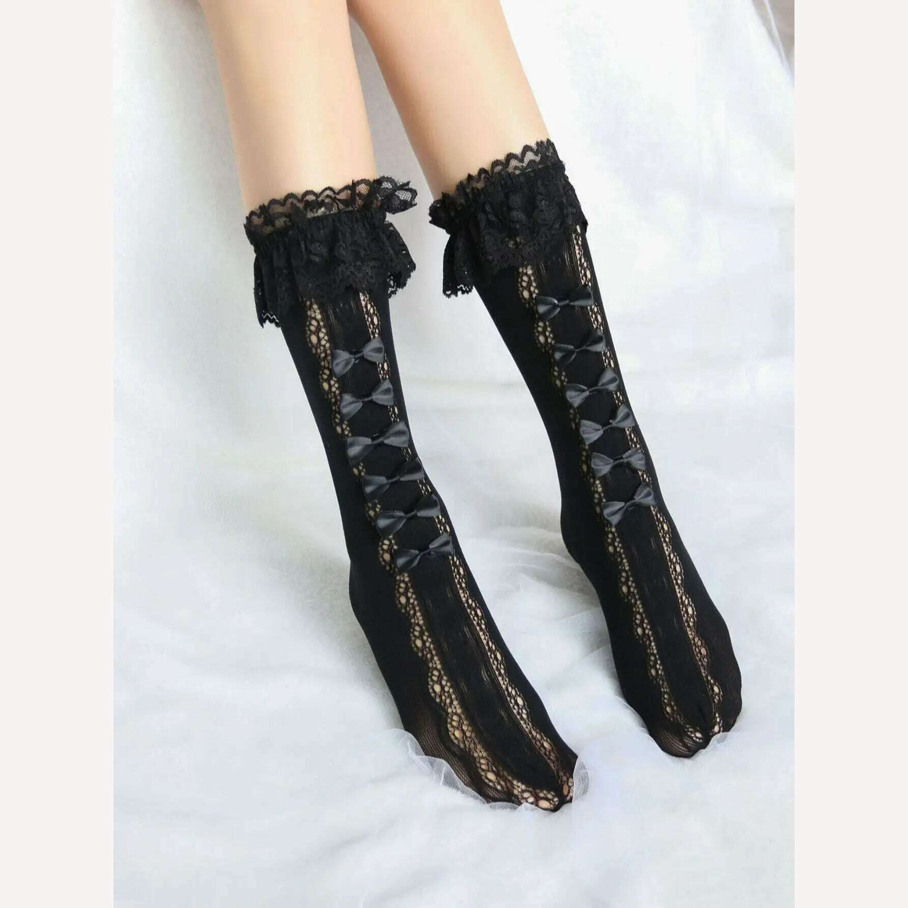 1 pair of bow shaped mid length stockings JK girls lace lace stockings Lolita princess coa long length lace bow shaped stockings - KIMLUD