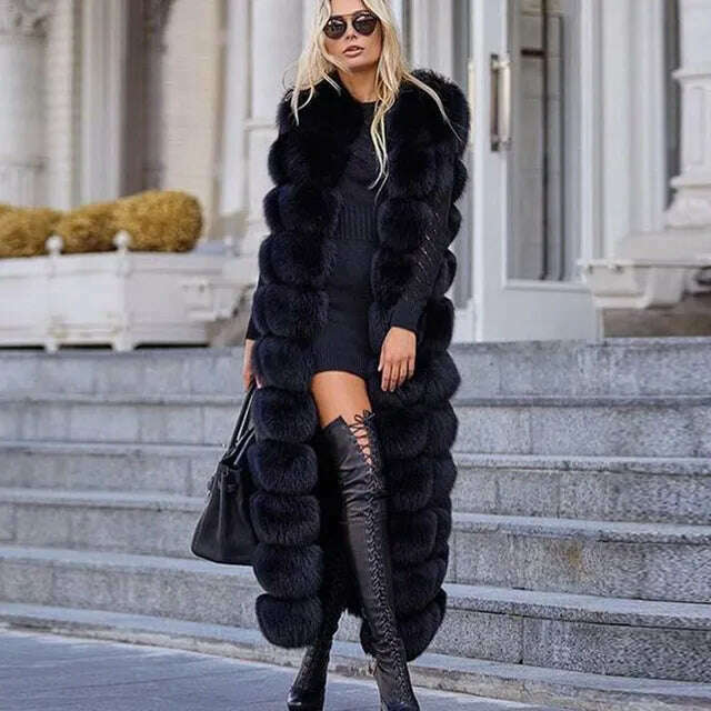 10-section Luxury Faux Fox Fur Winter Vest Jacket Sleeveless Thick Warm Horizontal Striped Long Style Fluffy Fake Fur Overcoat - KIMLUD