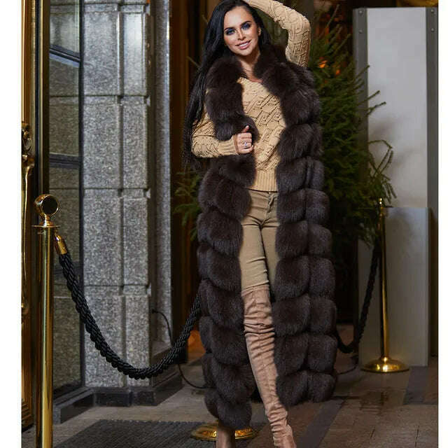 10-section Luxury Faux Fox Fur Winter Vest Jacket Sleeveless Thick Warm Horizontal Striped Long Style Fluffy Fake Fur Overcoat - KIMLUD