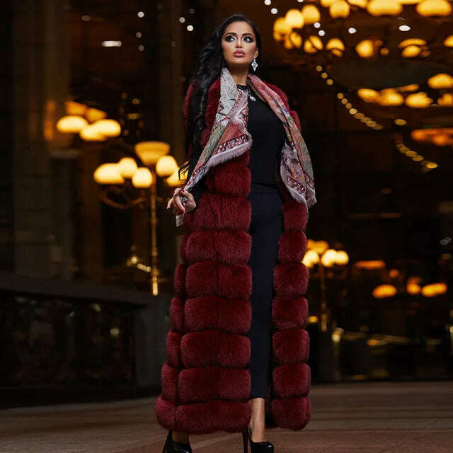 10-section Luxury Faux Fox Fur Winter Vest Jacket Sleeveless Thick Warm Horizontal Striped Long Style Fluffy Fake Fur Overcoat - KIMLUD
