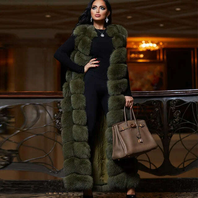 10-section Luxury Faux Fox Fur Winter Vest Jacket Sleeveless Thick Warm Horizontal Striped Long Style Fluffy Fake Fur Overcoat - KIMLUD