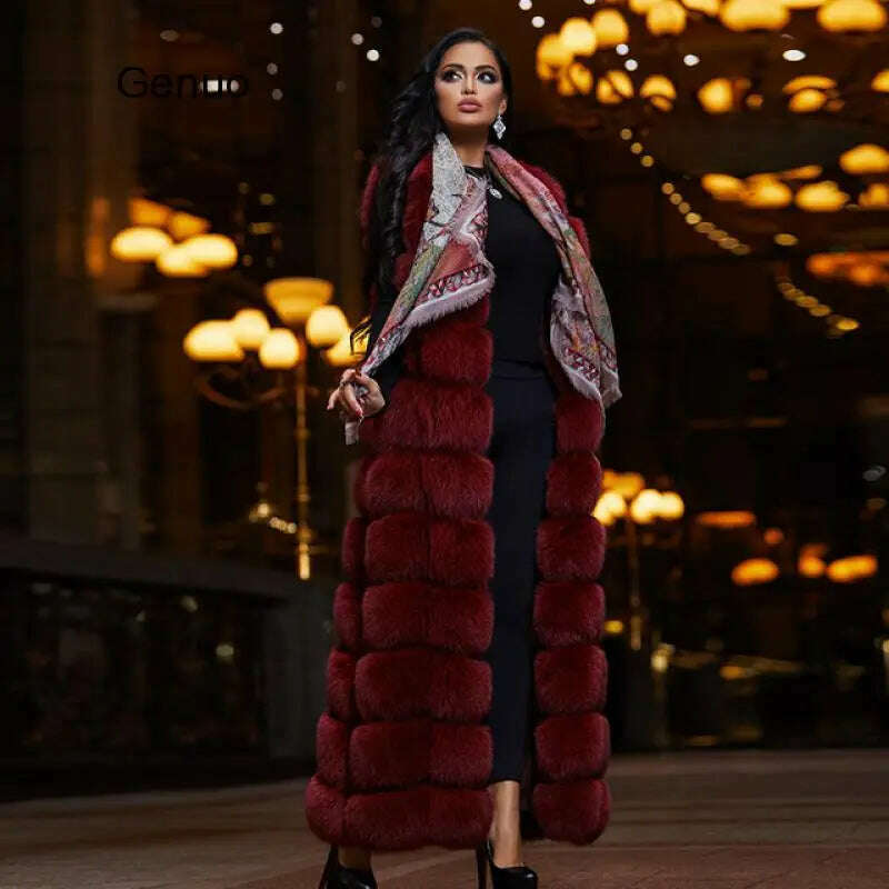 10-section Luxury Faux Fox Fur Winter Vest Jacket Sleeveless Thick Warm Horizontal Striped Long Style Fluffy Fake Fur Overcoat - KIMLUD