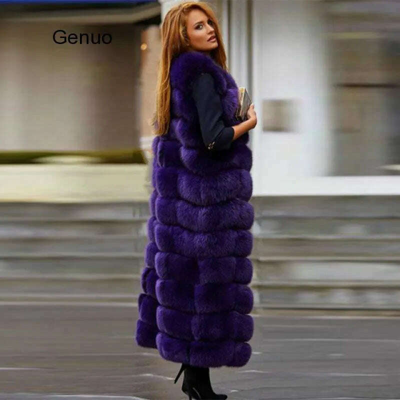 10-section Luxury Faux Fox Fur Winter Vest Jacket Sleeveless Thick Warm Horizontal Striped Long Style Fluffy Fake Fur Overcoat - KIMLUD