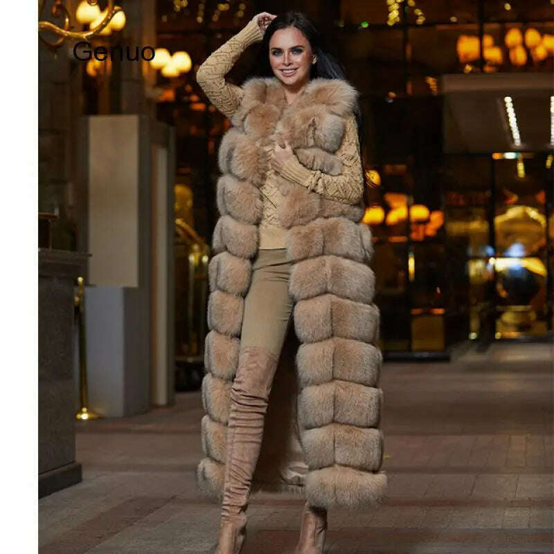 10-section Luxury Faux Fox Fur Winter Vest Jacket Sleeveless Thick Warm Horizontal Striped Long Style Fluffy Fake Fur Overcoat - KIMLUD