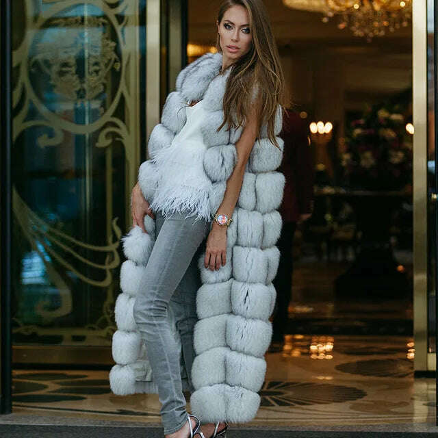 10-section Luxury Faux Fox Fur Winter Vest Jacket Sleeveless Thick Warm Horizontal Striped Long Style Fluffy Fake Fur Overcoat - KIMLUD