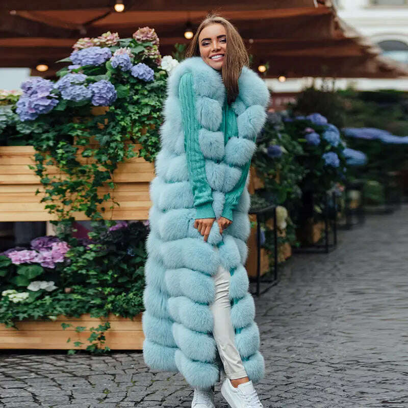 10-section Luxury Faux Fox Fur Winter Vest Jacket Sleeveless Thick Warm Horizontal Striped Long Style Fluffy Fake Fur Overcoat - KIMLUD