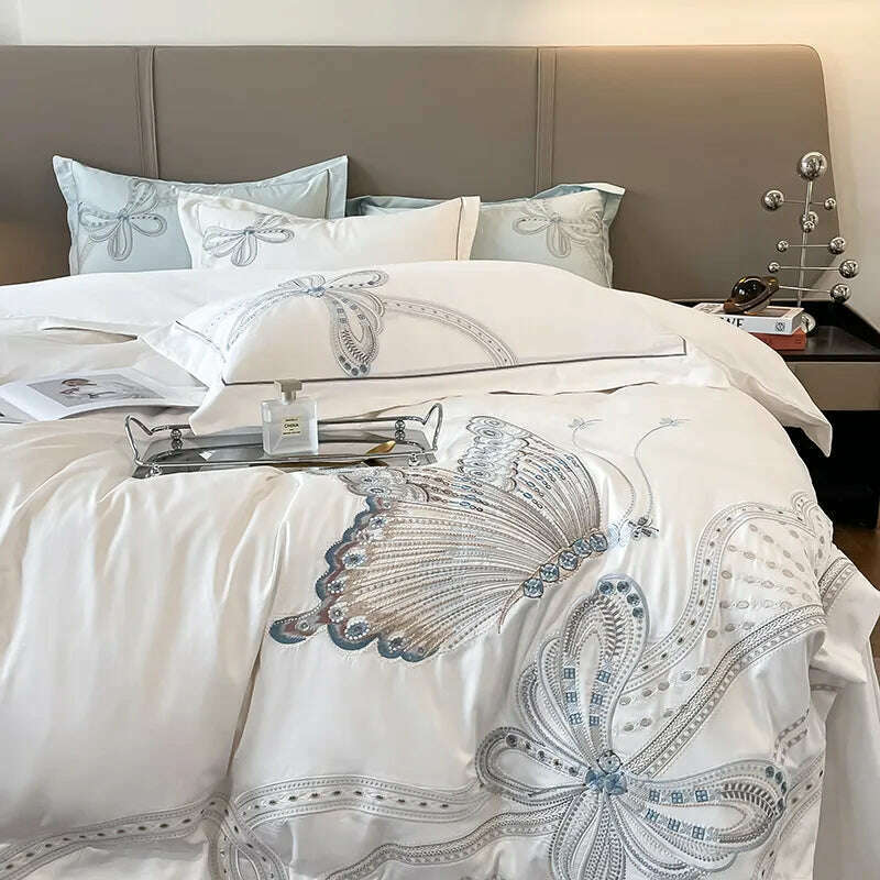100% Egyptian Cotton Luxury Butterfly Embroidery Wedding Bedding Set 100% Cotton Duvet Cover Flat/Fitted Bed Sheet Pillowcases - KIMLUD