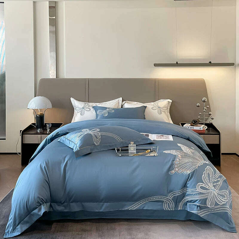 100% Egyptian Cotton Luxury Butterfly Embroidery Wedding Bedding Set 100% Cotton Duvet Cover Flat/Fitted Bed Sheet Pillowcases - KIMLUD