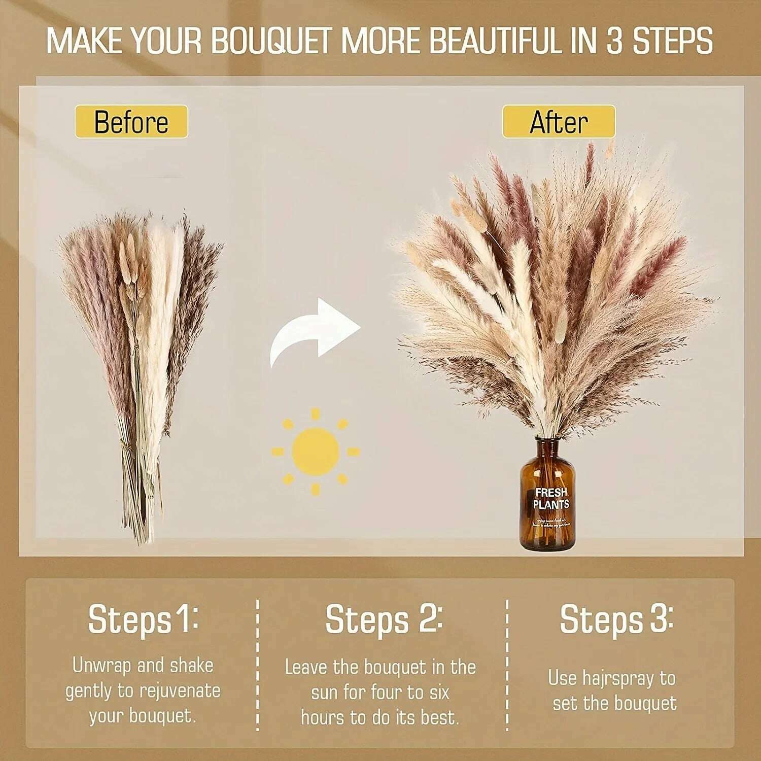 105pcs Natural Dried Flowers Pampas Floral Bouquet Boho Country Home Decoration Rabbit Tail Grass Reed Wedding Decor Arrangement - KIMLUD
