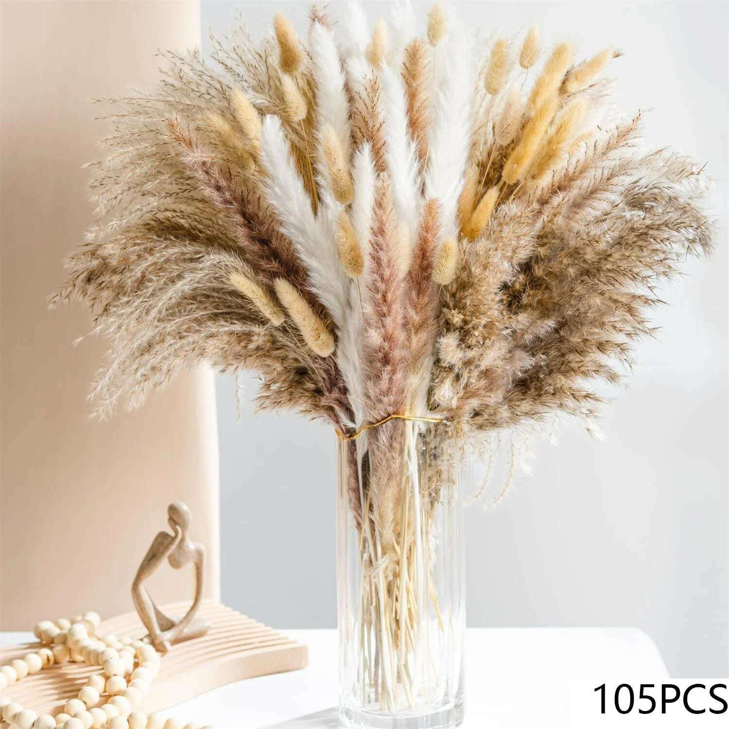105pcs Natural Dried Flowers Pampas Floral Bouquet Boho Country Home Decoration Rabbit Tail Grass Reed Wedding Decor Arrangement - KIMLUD