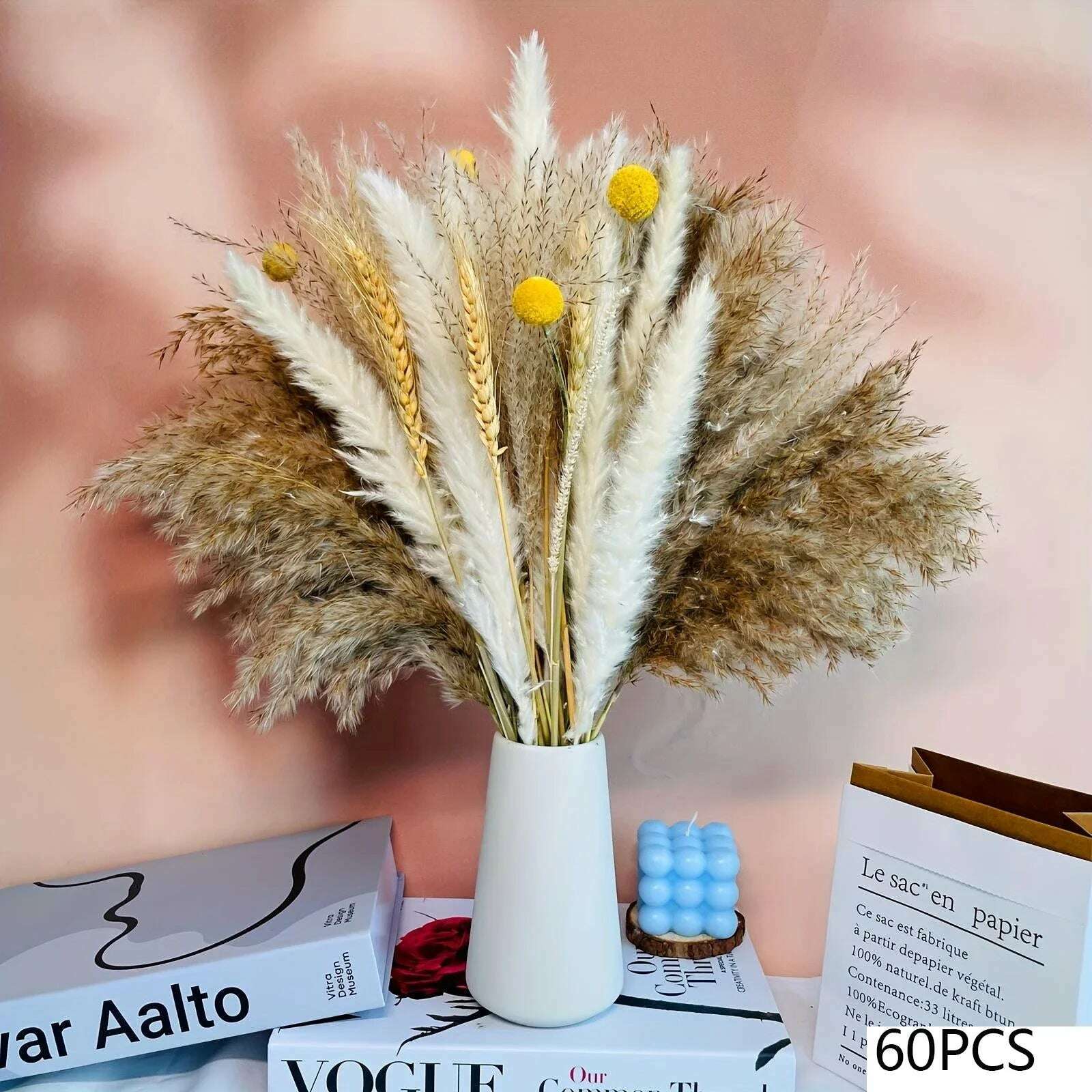 105pcs Natural Dried Flowers Pampas Floral Bouquet Boho Country Home Decoration Rabbit Tail Grass Reed Wedding Decor Arrangement - KIMLUD
